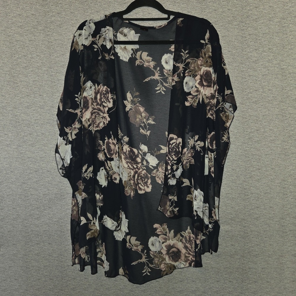 I Joah Black Floral Kimono Women's Medium Open Cardigan Coverup Swimwear
